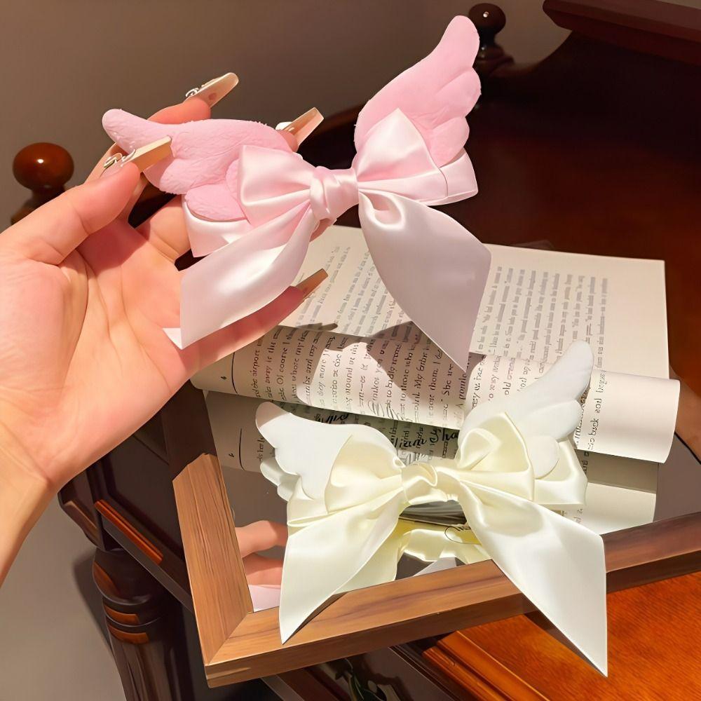 Y2K Angel Wing Hair Clip Creative Cute Duckbill Clip Fashion Satin Bow Hairpin Daily