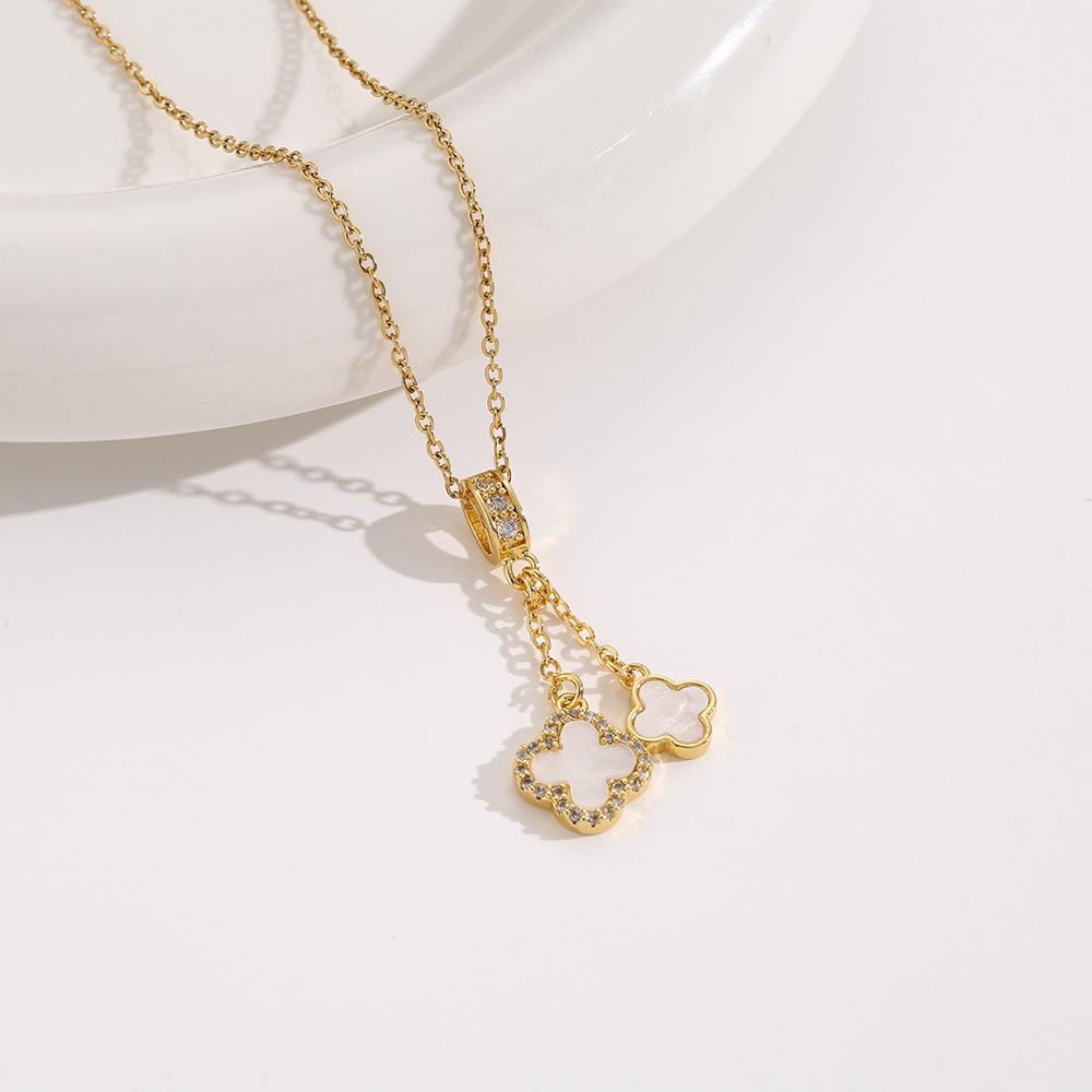 Elegant Gold-Plated Chinese-Style Four-Leaf Clover Necklace with Imitation Hetian Jade Pendant for Women