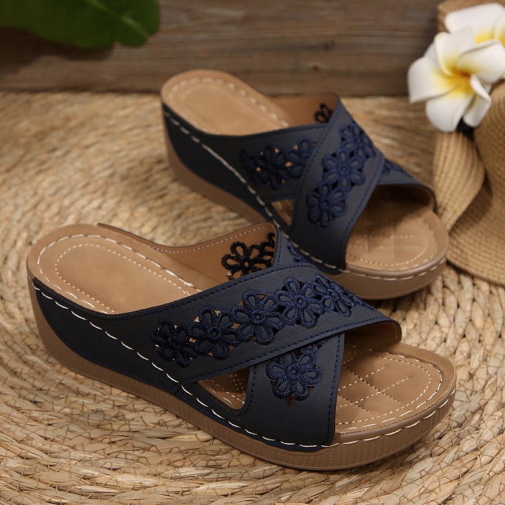 2025 Foreign Trade Thick Bottom Hollow Cross Slippers Women's Slope Heel Embroidered Beach Fish Mouth Side Empty Open Toe Cold Slippers