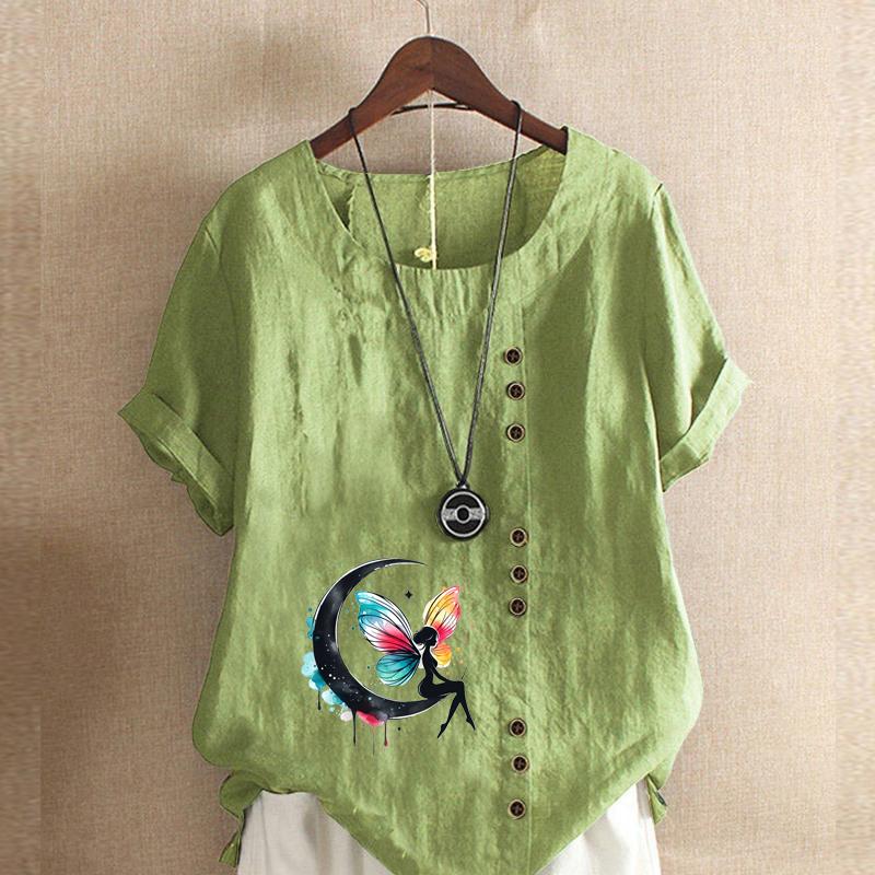 Women's Fashion Cute Butterfly Prined Short Sleeve T-shirt Loose Cotton Shirt Casual Loose Summer Blouse Tops Plus Size