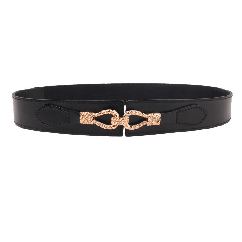 Designed Double Buckle Women Fashion Designed Solid Broad Leather Elastic Belt for Dress Coat 6Colors чёрный