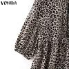 VONDA Women Summer Puff Sleeve Leopard Print Casual Dress Sundress