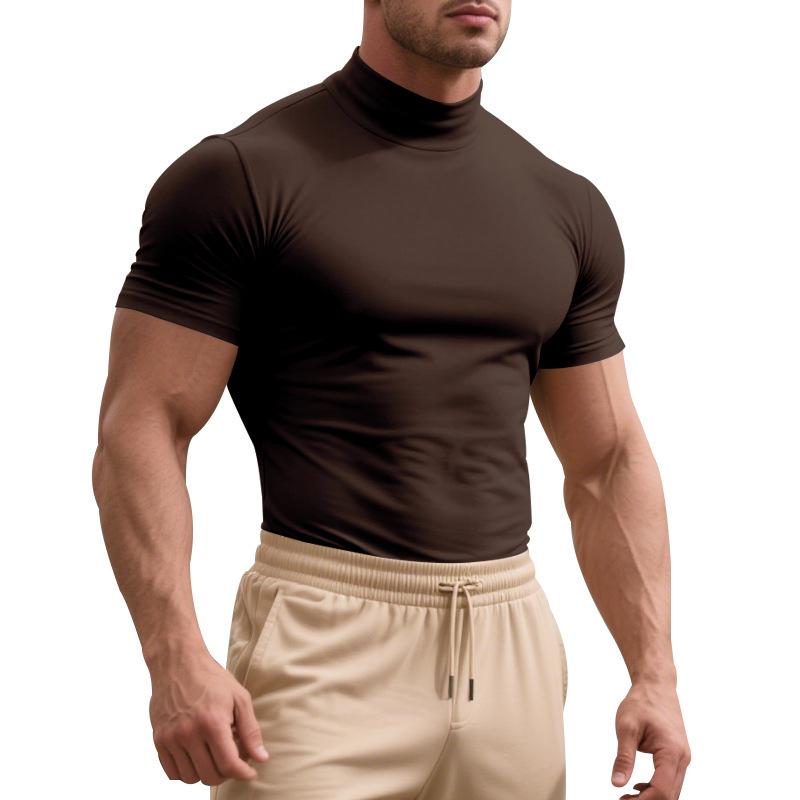 

Летняя однотонная мужская футболка с коротким рукавом, модная повседневная облегающая модель с высоким воротом, тонкая базовая футболка M коричневый