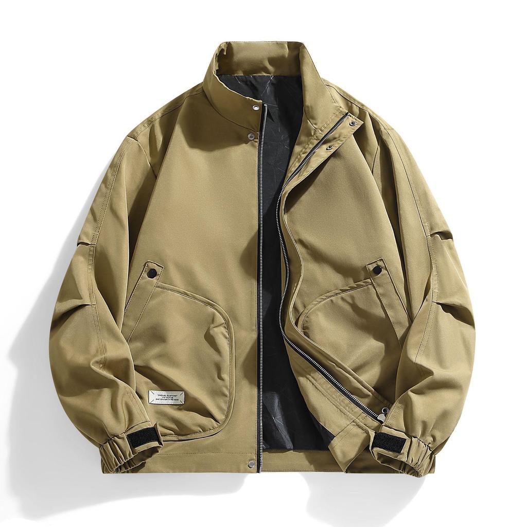 2025 Men's Stand-Collar Solid Color Jacket: Hong Kong Style, Casual Plus Size, Thin Military-Industrial Coat