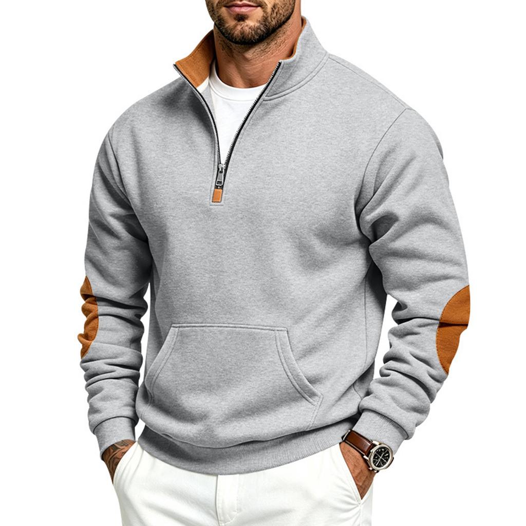 Men's Retro Patchwork Half-Zip Sweatshirt with Stand Collar for Fall Winter Casual Wear