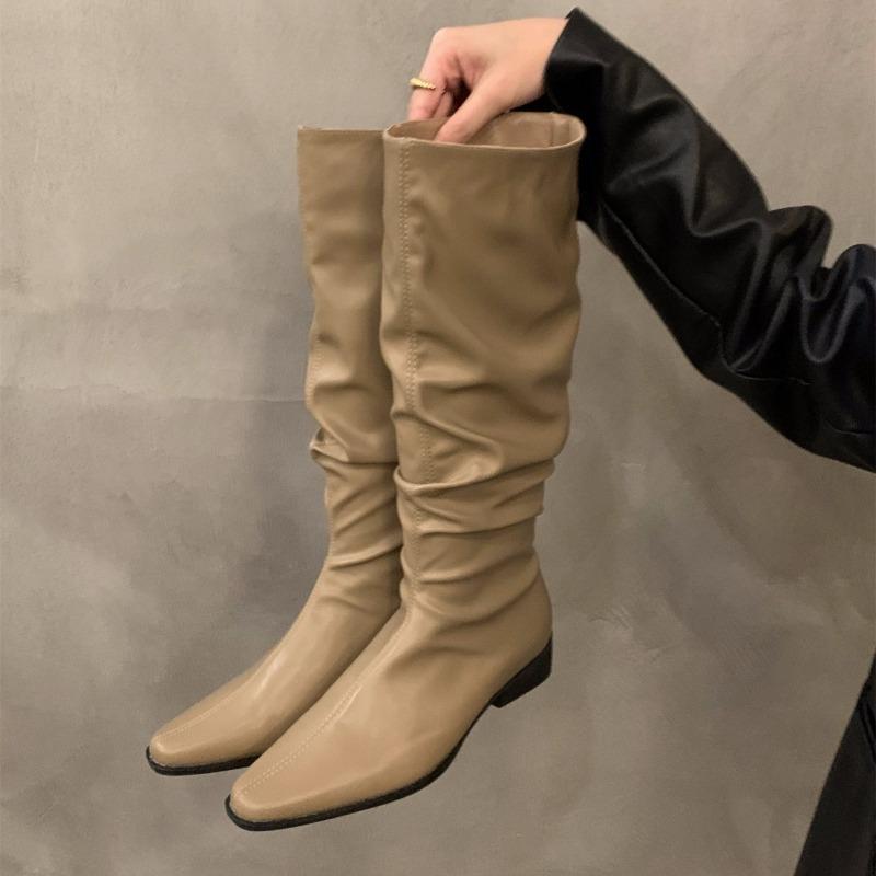 Retro pointed thick heeled long tube boots women,new spring elegant simple stacking boots fashion versatile women's shoes