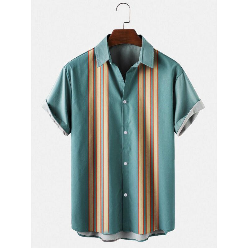Summer new men's top striped D print men's cardigan lapel
