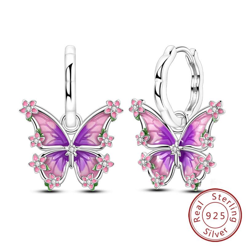 New 925 Silver Hoops Earrings Colorful Flower Butterfly Bee Drop Earring For Women Birthday Party Fashion Jewelry Gifts