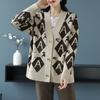 Women's Plus Size Knitted Cardigan Sweater Spring Autumn V-Neck Printed Knit Sweater Jacket Casual Loose Knit Jacket