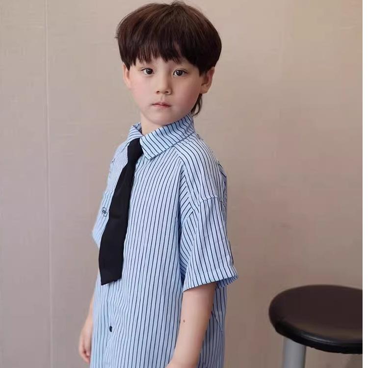 Boys Summer Striped Short Sleeve Shirt Preppy Casual Dress Shirt