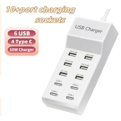 10-Portos 50W/10A USB Töltőállomás Többportos USB C Hub Töltő Mobiltelefonhoz Tablethez Több Eszközhöz Hosszabbító Aljzat
