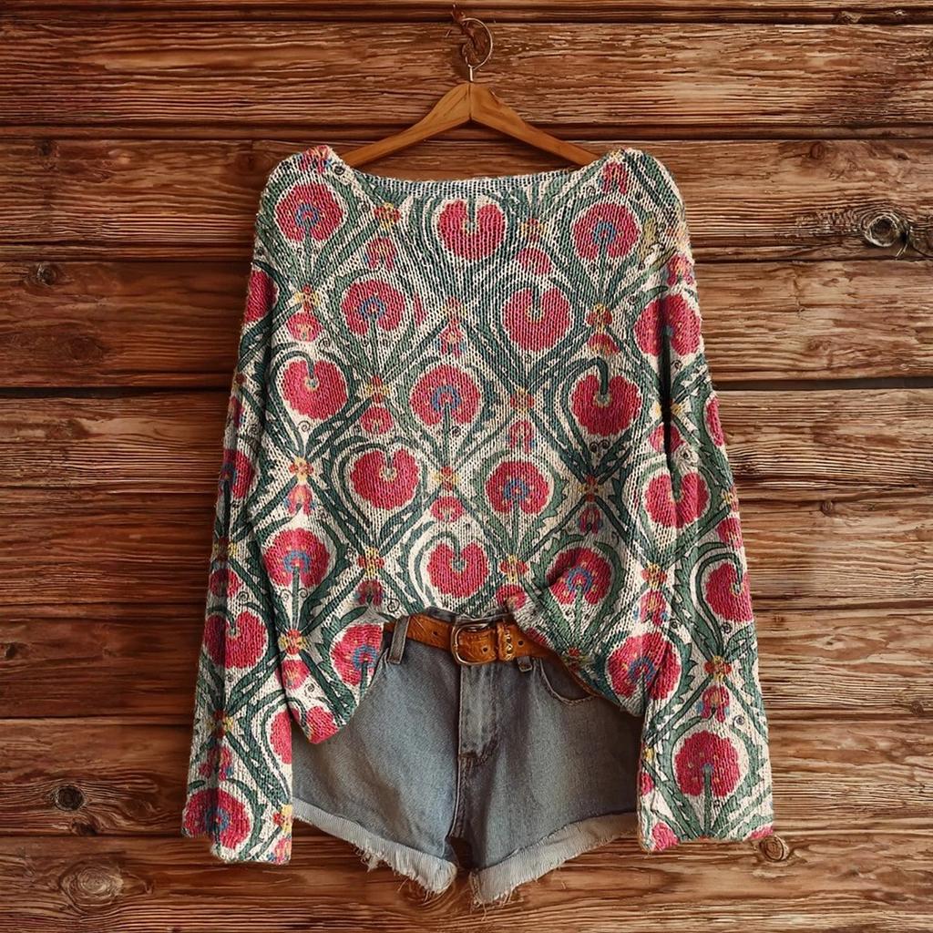 Tricou de damă cu imprimeu floral vintage, gât rotund, larg, mâneci lungi, lungime medie, cu orificii pentru degetul mare