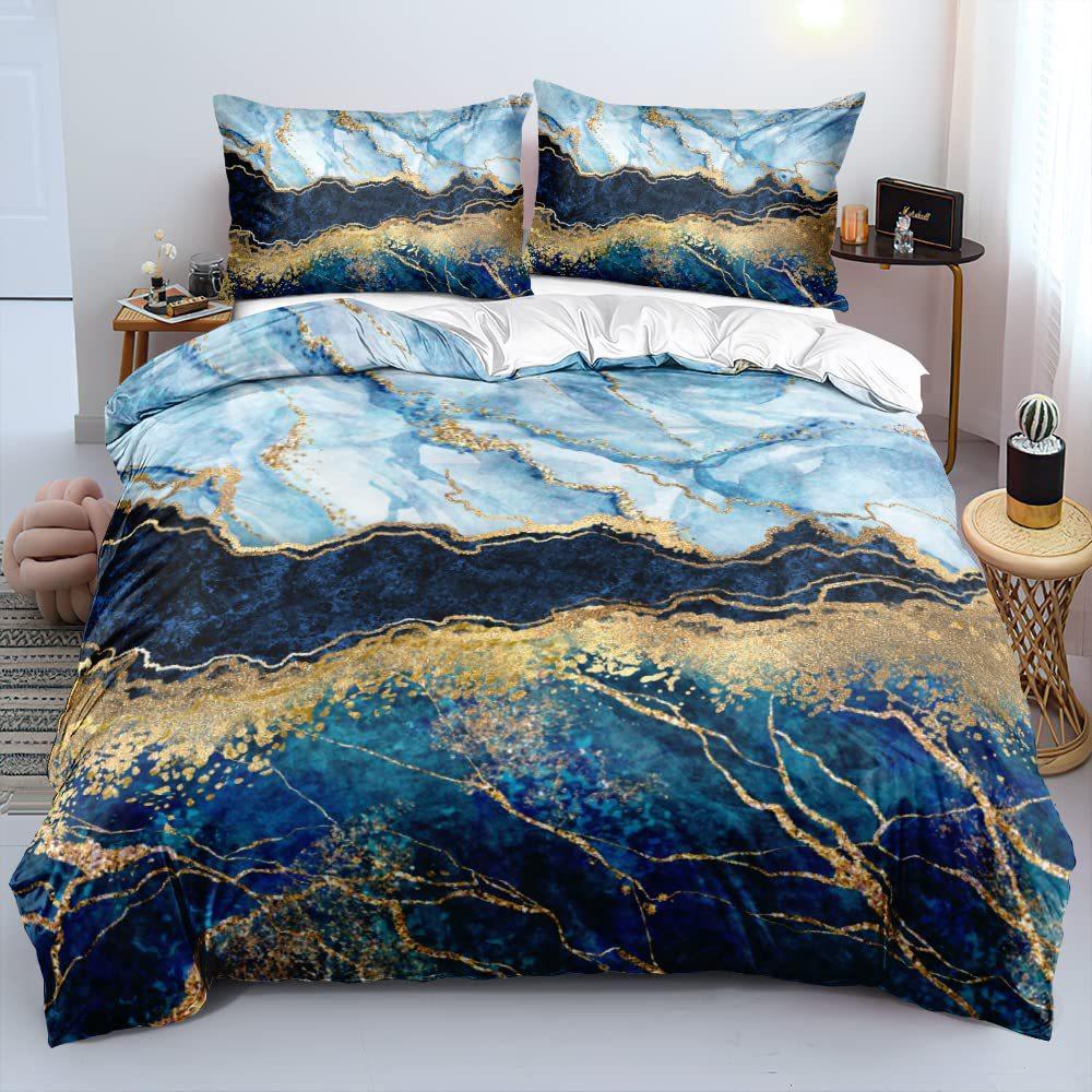 Blue Marble Textured Quilt Set Fashion 3D Digital Printing Bedding Quilt Set Three-Piece Set