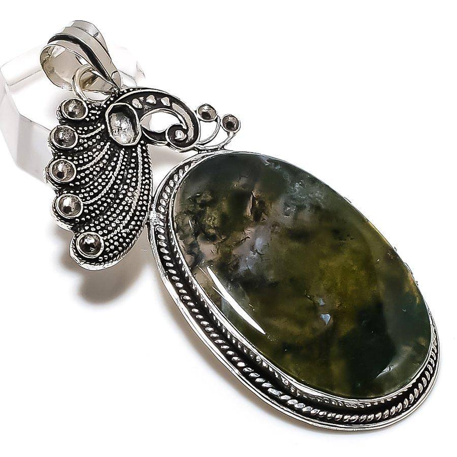 Přírodní indický mechový achát drahokam 925 Sterlingové stříbro přívěsek 3,03" P4e99