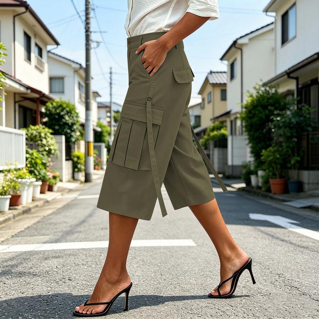 Women Vintage Style Multi Pocket Tie Cropped Cargo Pants Loose Fit Casual Seven Quarter Length Trousers for Daily Wear