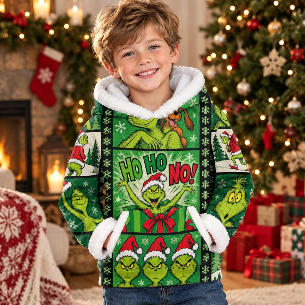 Kids Long Sleeve Christmas Print Casual Hooded Top for Boys and Girls Holiday Outfit