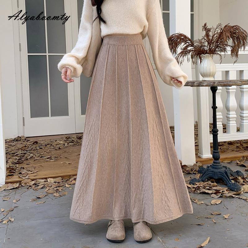 Elegancka Moda Jesień Zima Damska Długa Spódnica Maxi Plisowana Elastyczny Pas Beżowa Czarna Dzianinowa Spódnica Dzianinowa Gruba Ciepła Podstawowa Spódnica Damska