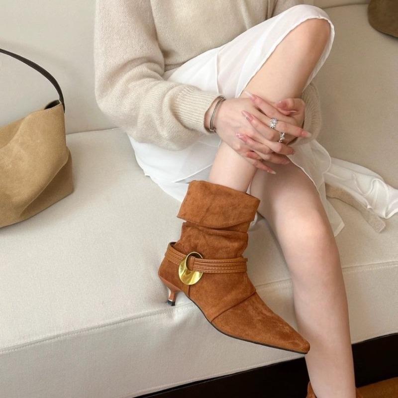 New Style Women's Brown Suede Kitten Heel Western Boots Pointed Toe Slip-on Pleated Coarse Heel Mid-Calf Boots Extra Large Size