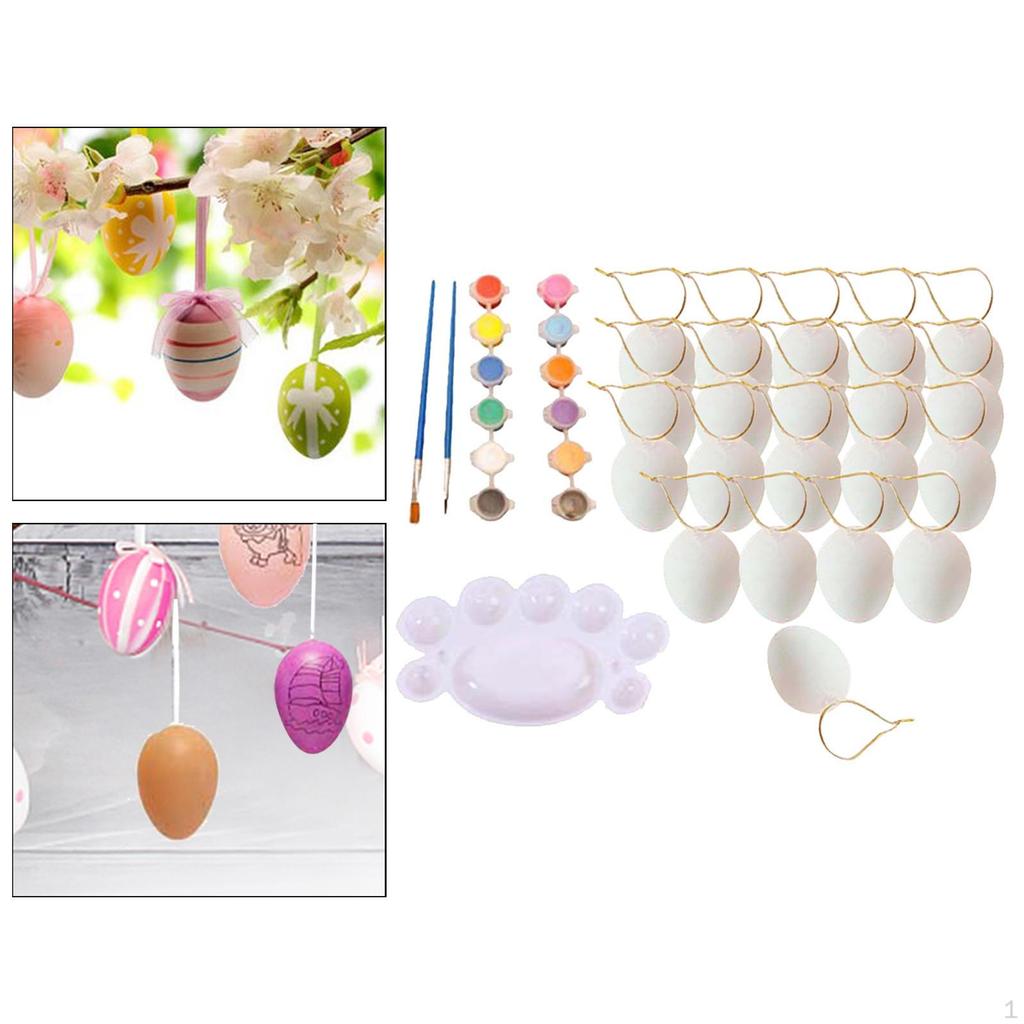 20 Pieces White Easter Eggs Paintable Toys with Rope, Paintbrush And Acrylic Paint for Preschool