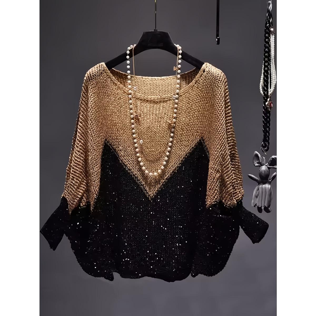 

Fall Winter New Women s Colorblock Sequined Knit Sweater Loose Hip-Covering Casual Bottoming Top S