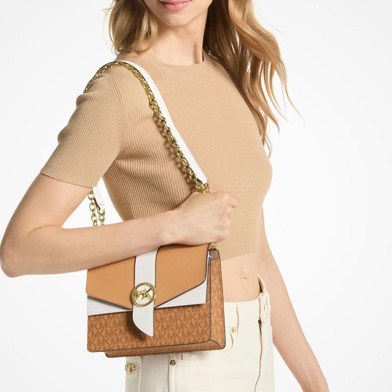 MICHAEL KORS Greenwich Classic Colorblock Logo Coated Canvas Shoulder Crossbody Bag Small Women's Brown and White