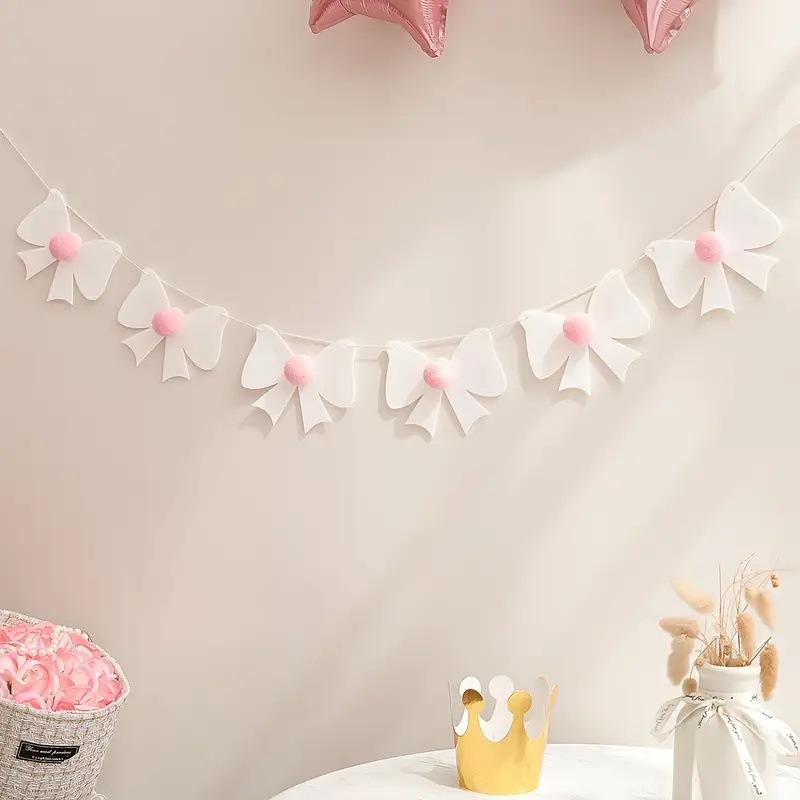 1Set Sweet Felt Bow Theme Banner Plush Ball Bow Bedroom Hanging Bunting Garlands for Kids Girl Birthday Baby Shower Party Decor
