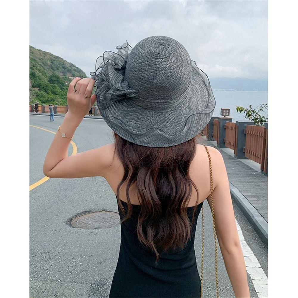 Organza Flower Kentucky-Derby Church Dress Hat Wide Brim Mesh Fisherman Hat  for Women