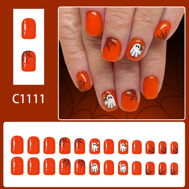 24PCS Reusable Press On Nail Halloween Theme Featuring Spooky Cobweb Skull Patterns And Comfortable ABS