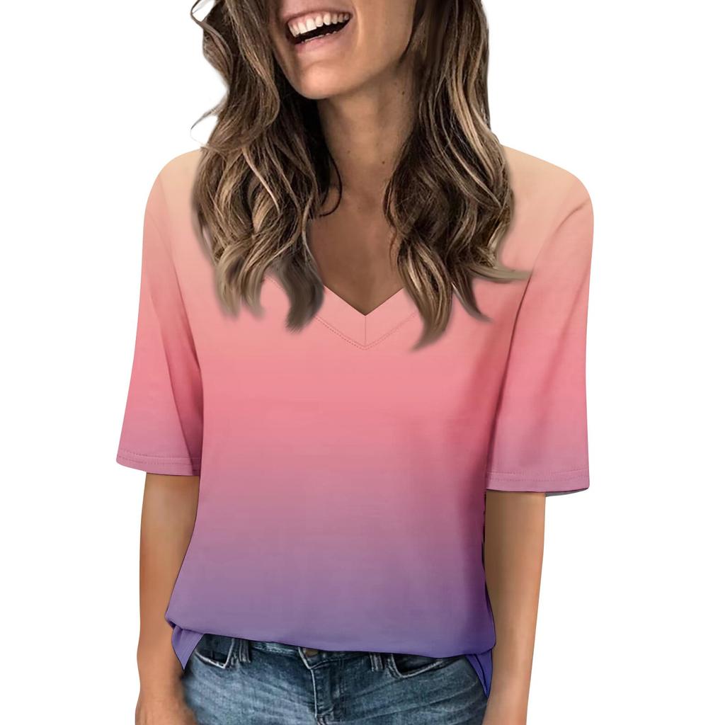 Women's V Neck T Shirts Half Sleeve Tops Printed Casual Summer Tees T Shirt Blouse