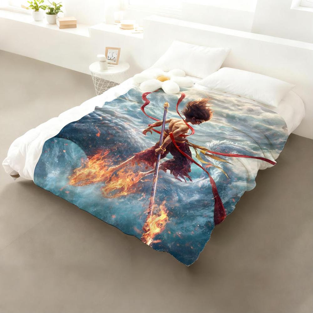Movie Nezha Throw Flannel Throw Blanket: Soft Kid-Friendly Warm Anti-Static All Season Washable Couch Bed Home
