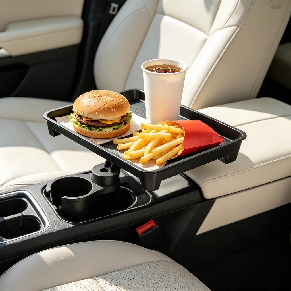 Car Food Tray with Cup Holder for Passenger Side, In-Car Mounted for Snacks and Drinks, Vehicle Storage Rack for Commuting and Road Trips