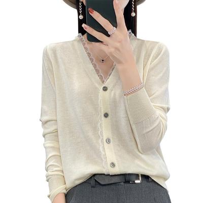 Autumn Knit Cardigan Jacket Long-sleeved Thin V-neck Lace Outside with Sunscreen Shirt