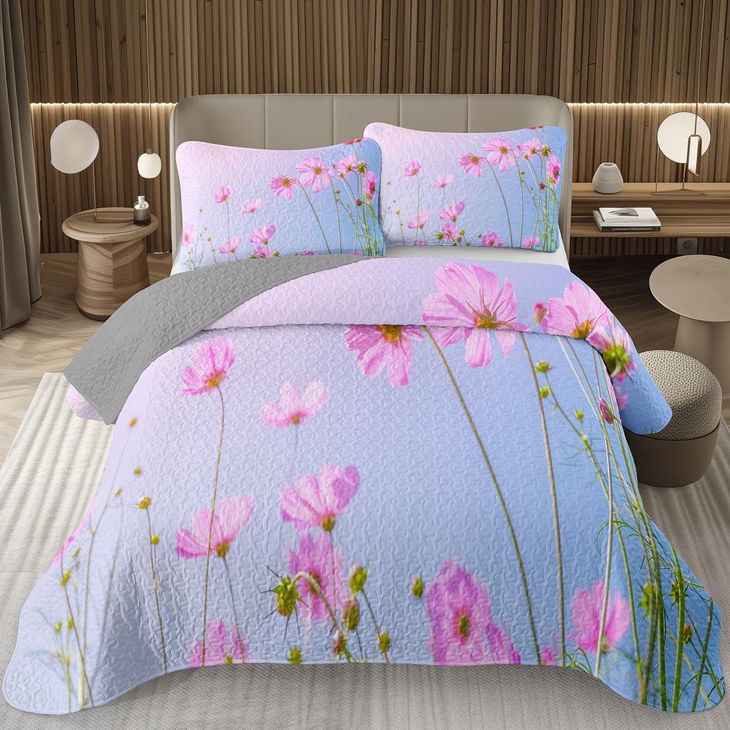 Spring Garden Flower Bedspread for Girls Teen Botanical Floral Coverlet Twin Queen Quilt Set Reversible Grey Quilted Bedding Set
