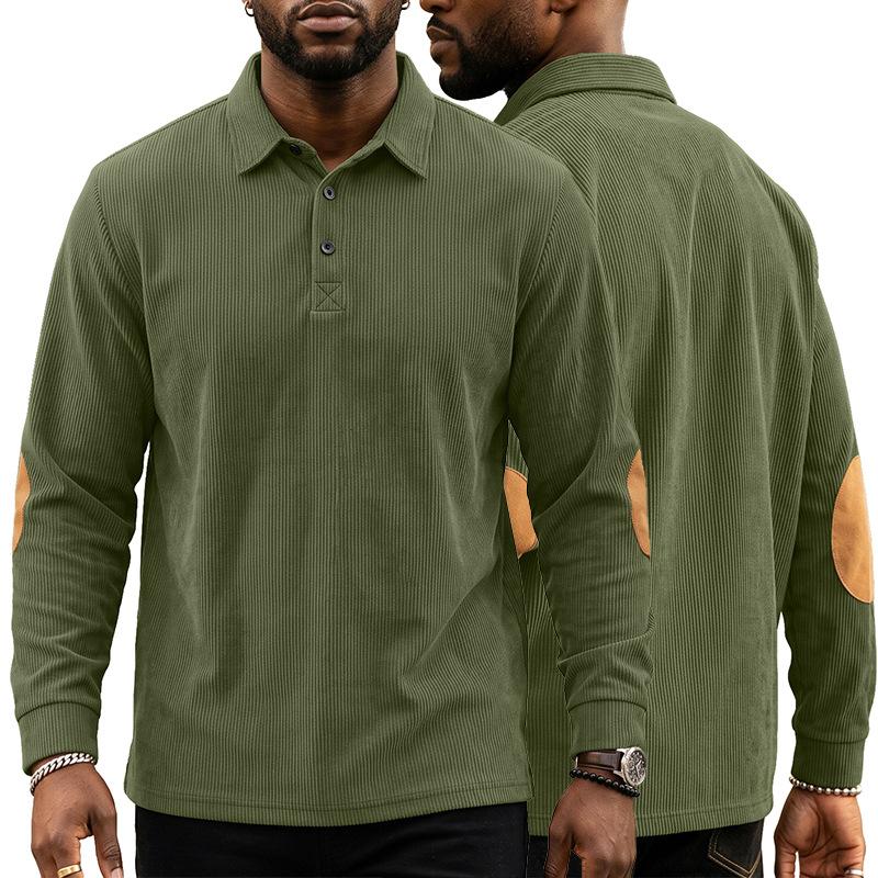 Autumn Winter Men Waffle Rib Knit Polo Shirts Contrast Suede Elbow Patches Lapel Collar Button Placket Vintage Long Sleeve Corduroy Textured Tops