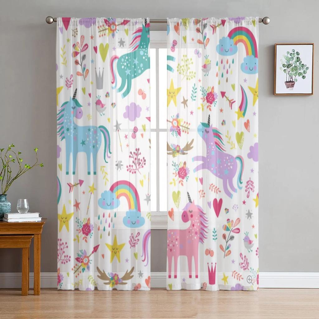 Cartoon Cute Unicorn Tulle Sheer Window Curtains For Living Room The Bedroom Modern Chiffon Voile Curtains Fabric Drapes