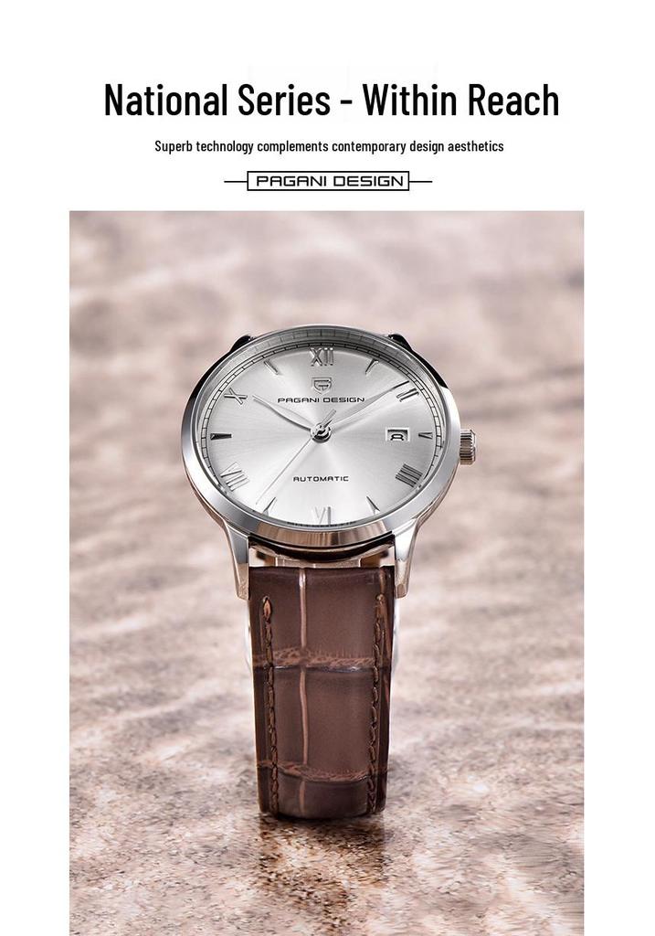 Pagani Design Men's Stainless Steel Automatic Mechanical Watch with Leather Strap, Model 1759, Waterproof.