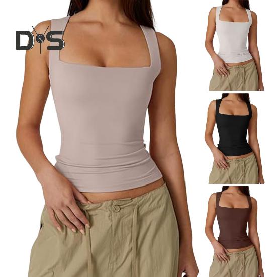 Summer Vest Women Solid Color Square Collar Slim Fit Tank Top Wide Shoulder Straps Breathable Vest Daily Wear