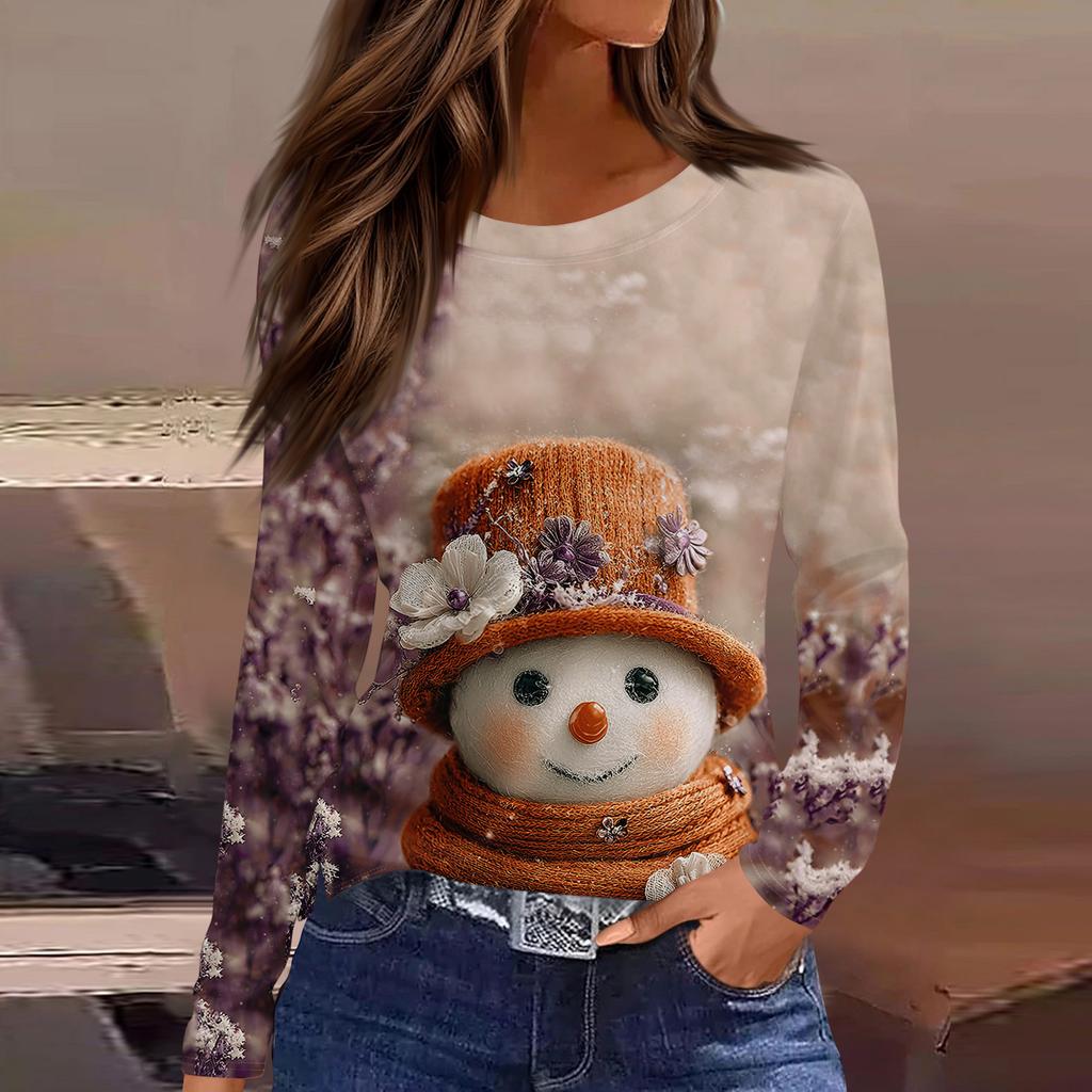 Women's Fashion Casual Slit Hem Round Neck Long Sleeve Loose Printed T-Shirt Ladies Top Christmas