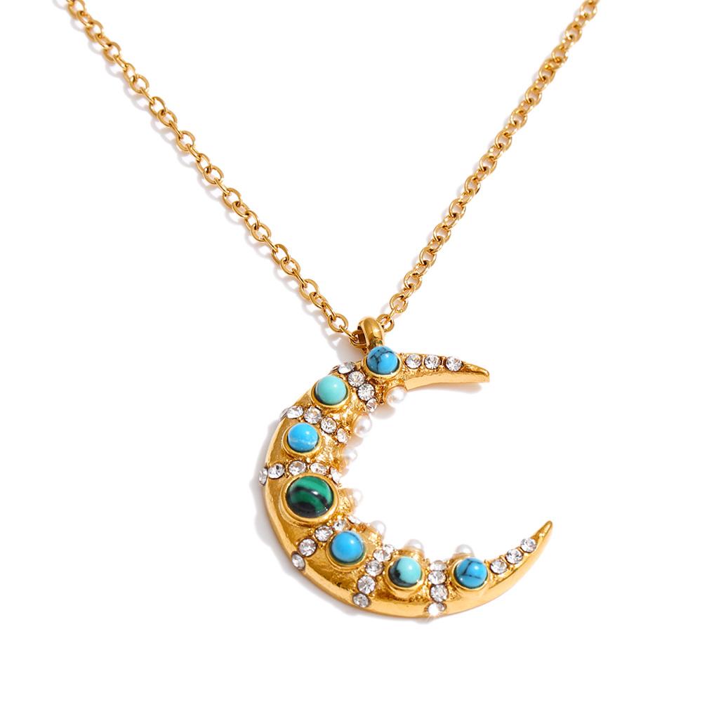 

Yhpup High Quality Natural Stone Zircon Pearl Moon Pendant Charm Necklace New Arrivals Stainless Steel Exquisite Jewelry