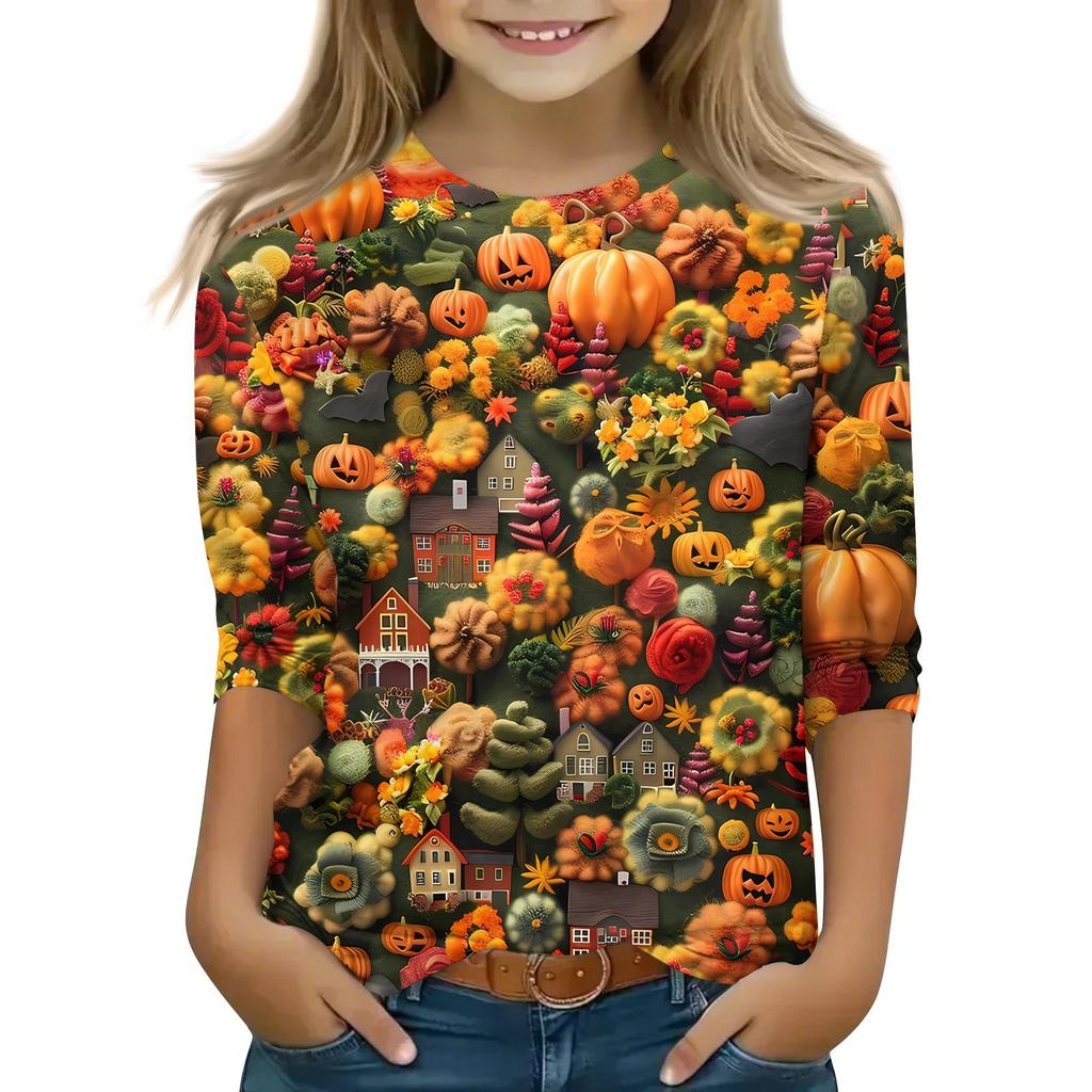 Children's 3/4 Sleeve Tops Casual Halloween Print T Shirt Round Neck Pullover Blouse