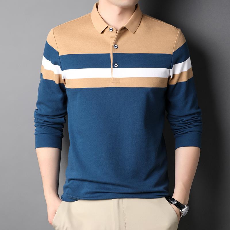 Frühlings- und Herbst-Herren-Pullover-T-Shirt Dünne Baumwolle Langärmeliges Unterhemd Gestreiftes Revers-Poloshirt Trendiges T-Shirt