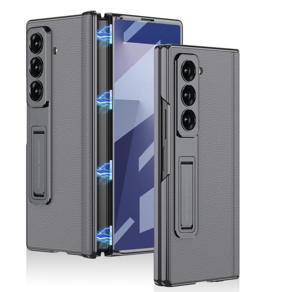 Samsung Z Fold7 Electroplated Leather Magnetic Case with Bracket - Anti-drop Protective Cover