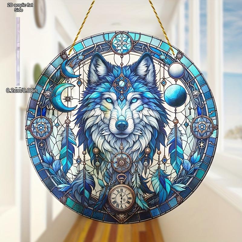 Wolf Sonne Acryl-Fänger, Acryl-Gitter im Buntglas-Stil, Traumfänger-Inspiration, Reflektierende Kunst für Haus & Garten, Kinderzimmer, Vintage-Wohnkultur