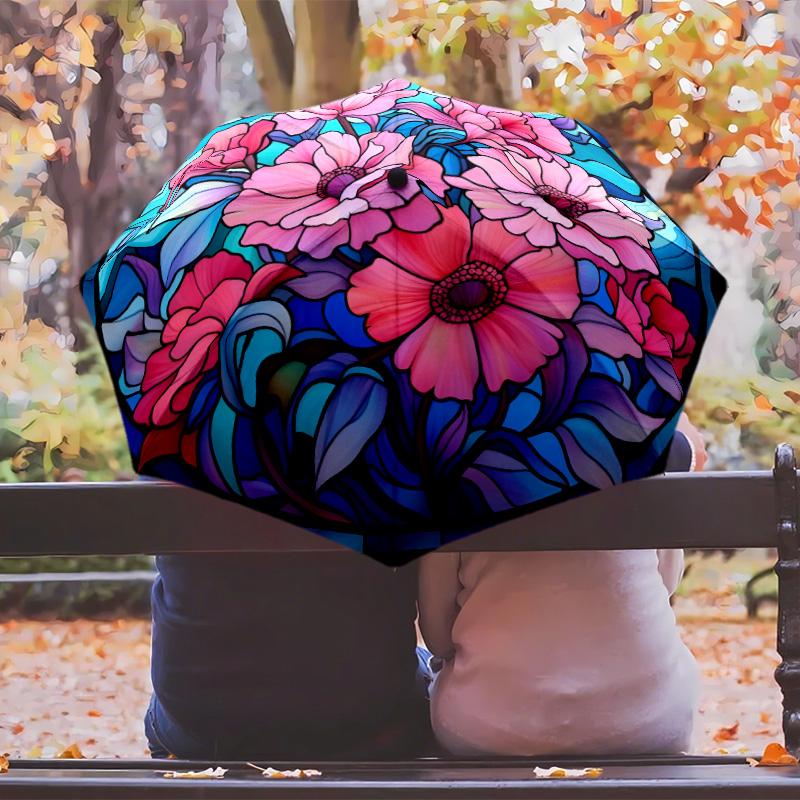 Blumenkunst-Thema Automatischer Regenschirm Kompaktes 8-Rippen-Design Stabile Konstruktion Langlebiger Regenschirm Stilvolles Accessoire