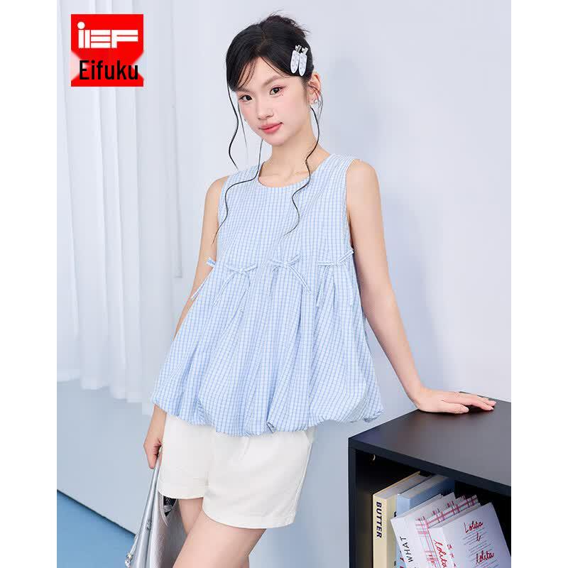 IEF 2026 Summer Plaid Sleeveless Doll Shirt Set M