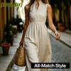 IHUASU Fashion Summer Spring Solid Color Print  Sleeveless V-Neck Casual Dresses