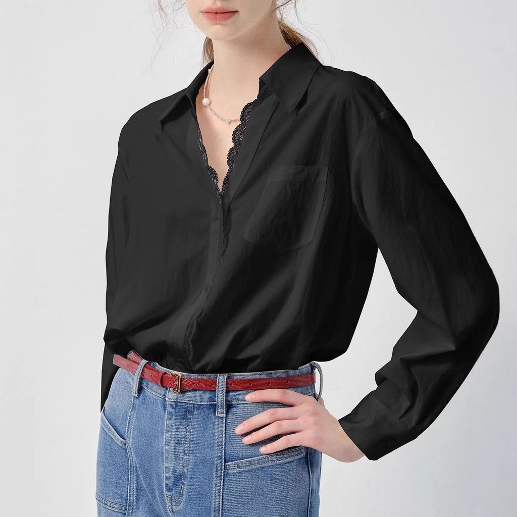 White shirt women's long-sleeved spring clothes new Ou Ruofeng lace loose top