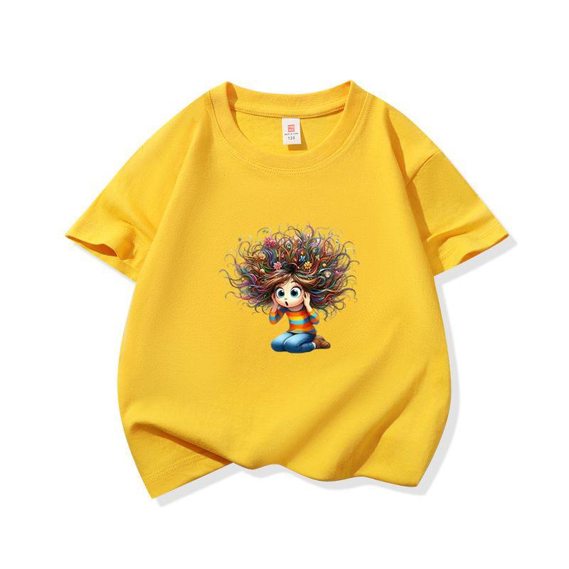 Kids Cotton T Shirt Surprised Girl With Colorful Hair Print Crew Neck Short Sleeve Tee Casual Boys Girls Summer Tops
