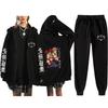 Unisex Winter Casual Sport Set With Anime Print Hooded Zip-Up Sweatshirt Jogger Pants Cotton Blend