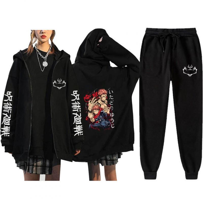 Unisex Winter Casual Sport Set With Anime Print Hooded Zip-Up Sweatshirt Jogger Pants Cotton Blend